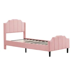 Redom Lit 90x200 cm avec tête et pied rembourrés en velours rose, cadre MDF solide et 12 lattes renforcées