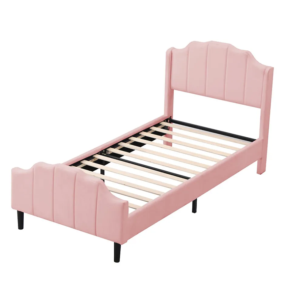 Redom Lit 90x200 cm avec tête et pied rembourrés en velours rose, cadre MDF solide et 12 lattes renforcées