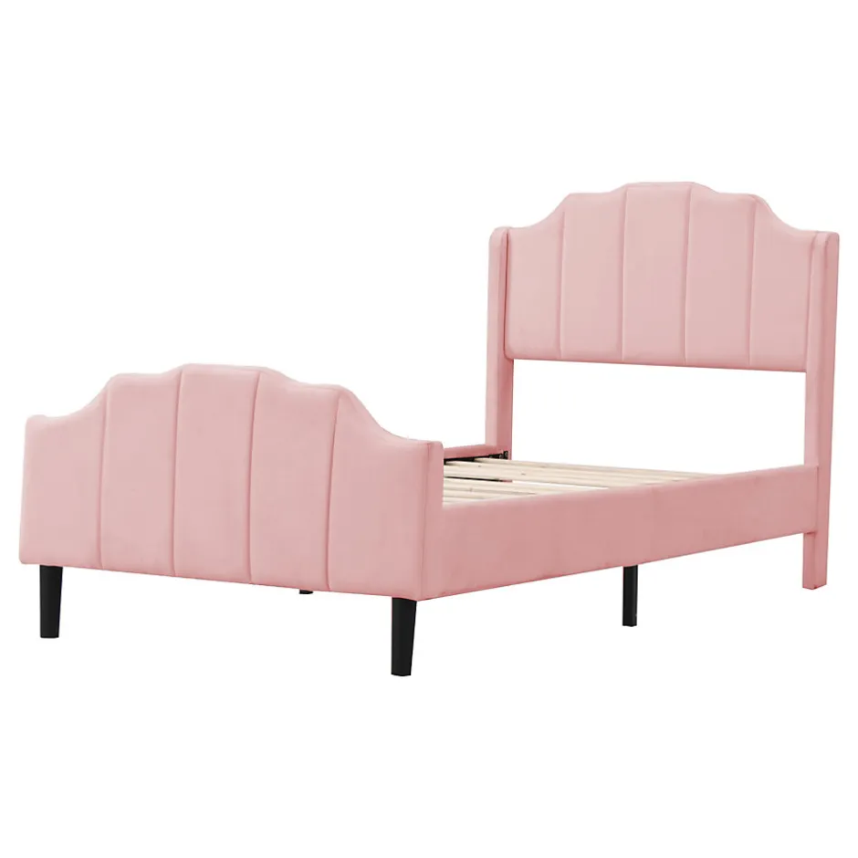 Redom Lit 90x200 cm avec tête et pied rembourrés en velours rose, cadre MDF solide et 12 lattes renforcées