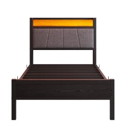 Redom Lit 90x200 cm avec tête haute rembourrée, LED intégrées et station de charge USB, cadre métal noir