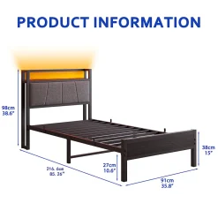 Redom Lit 90x200 cm avec tête haute rembourrée, LED intégrées et station de charge USB, cadre métal noir