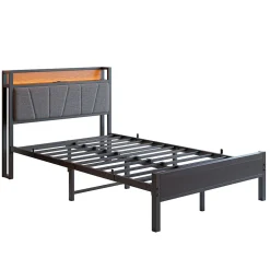 Redom Lit 120x200 cm avec tête haute rembourrée et cadre métal, LED multicolores pilotables et station USB