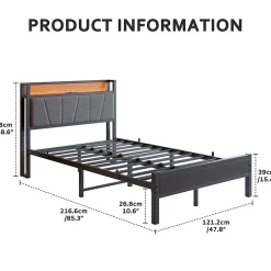Redom Lit 120x200 cm avec tête haute rembourrée et cadre métal, LED multicolores pilotables et station USB