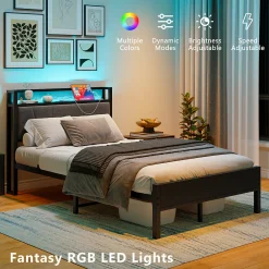 Redom Lit 120x200 cm avec tête haute rembourrée et cadre métal, LED multicolores pilotables et station USB