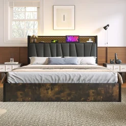 Redom Lit 180x200 cm avec tête LED RGBW, prises et ports USB intégrés, cadre métal gris et rangement sous sommier