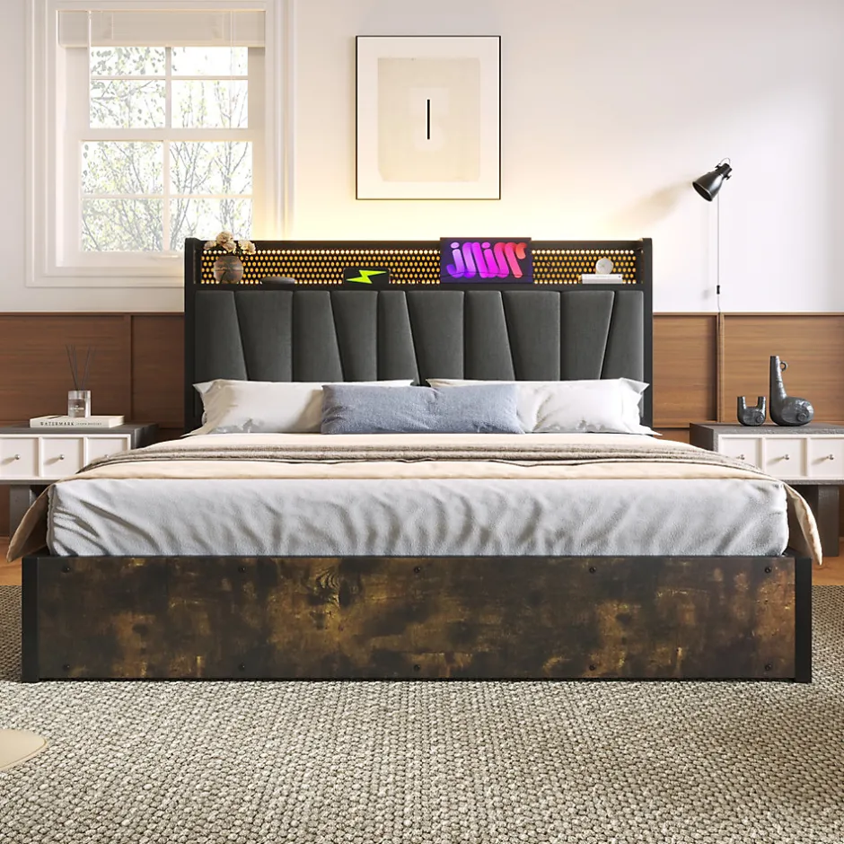 Redom Lit 180x200 cm avec tête LED RGBW, prises et ports USB intégrés, cadre métal gris et rangement sous sommier