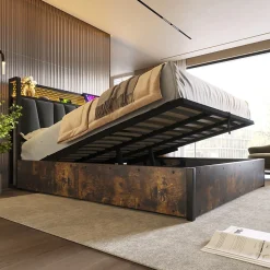 Redom Lit 180x200 cm avec tête LED RGBW, prises et ports USB intégrés, cadre métal gris et rangement sous sommier