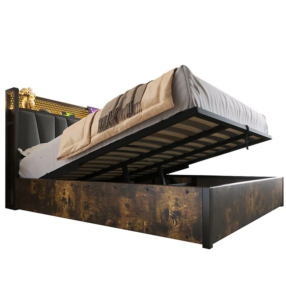 Redom Lit 180x200 cm avec tête LED RGBW, prises et ports USB intégrés, cadre métal gris et rangement sous sommier