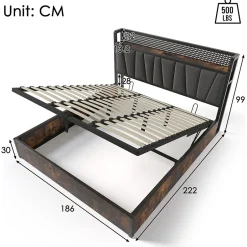 Redom Lit 180x200 cm avec tête LED RGBW, prises et ports USB intégrés, cadre métal gris et rangement sous sommier