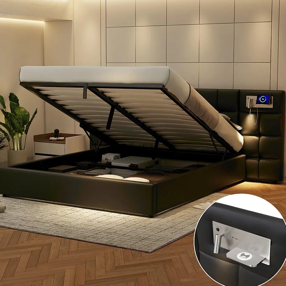 Redom Lit 180x200 cm avec tête rembourrée, rangement hydraulique, port USB et recharge sans fil, PU noir