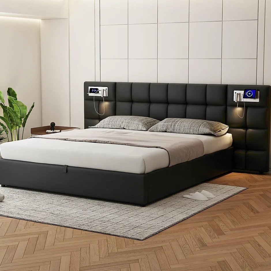 Redom Lit 180x200 cm avec tête rembourrée, rangement hydraulique, port USB et recharge sans fil, PU noir