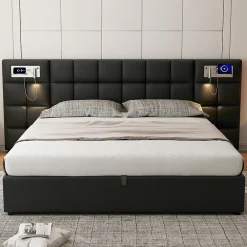 Redom Lit 180x200 cm avec tête rembourrée, rangement hydraulique, port USB et recharge sans fil, PU noir