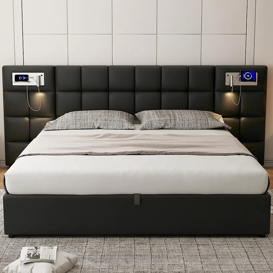 Redom Lit 180x200 cm avec tête rembourrée, rangement hydraulique, port USB et recharge sans fil, PU noir