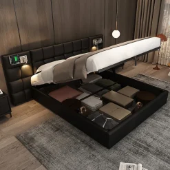 Redom Lit 180x200 cm avec tête rembourrée, rangement hydraulique, port USB et recharge sans fil, PU noir