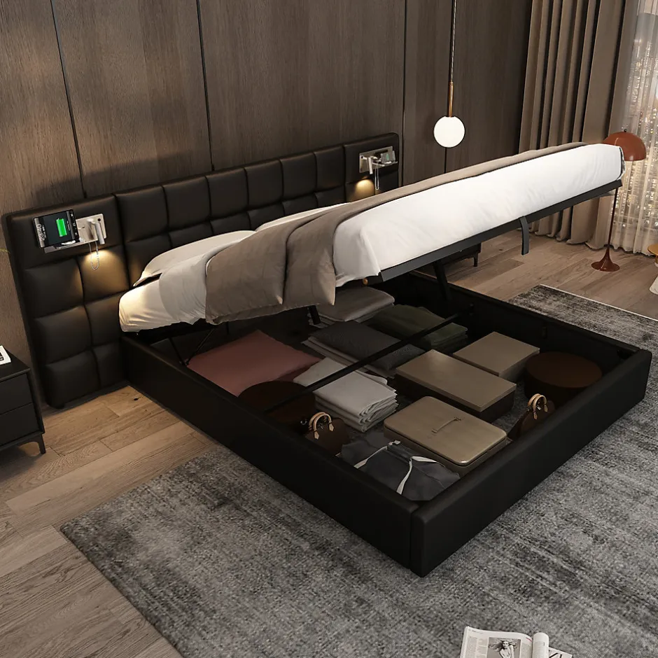 Redom Lit 180x200 cm avec tête rembourrée, rangement hydraulique, port USB et recharge sans fil, PU noir