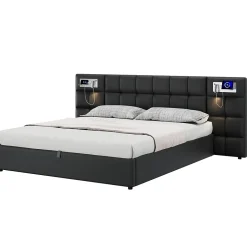 Redom Lit 180x200 cm avec tête rembourrée, rangement hydraulique, port USB et recharge sans fil, PU noir