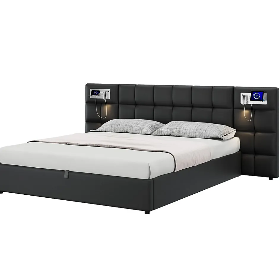 Redom Lit 180x200 cm avec tête rembourrée, rangement hydraulique, port USB et recharge sans fil, PU noir