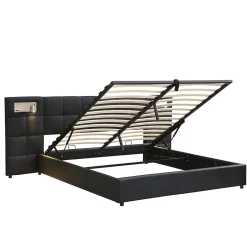 Redom Lit 180x200 cm avec tête rembourrée, rangement hydraulique, port USB et recharge sans fil, PU noir