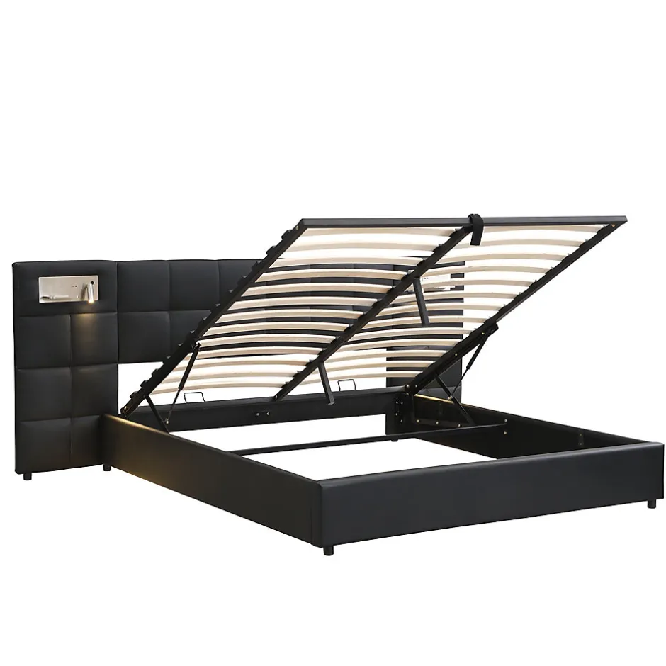 Redom Lit 180x200 cm avec tête rembourrée, rangement hydraulique, port USB et recharge sans fil, PU noir