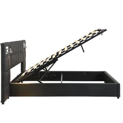 Redom Lit 180x200 cm avec tête rembourrée, rangement hydraulique, port USB et recharge sans fil, PU noir