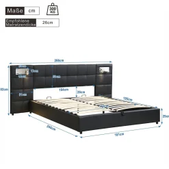 Redom Lit 180x200 cm avec tête rembourrée, rangement hydraulique, port USB et recharge sans fil, PU noir