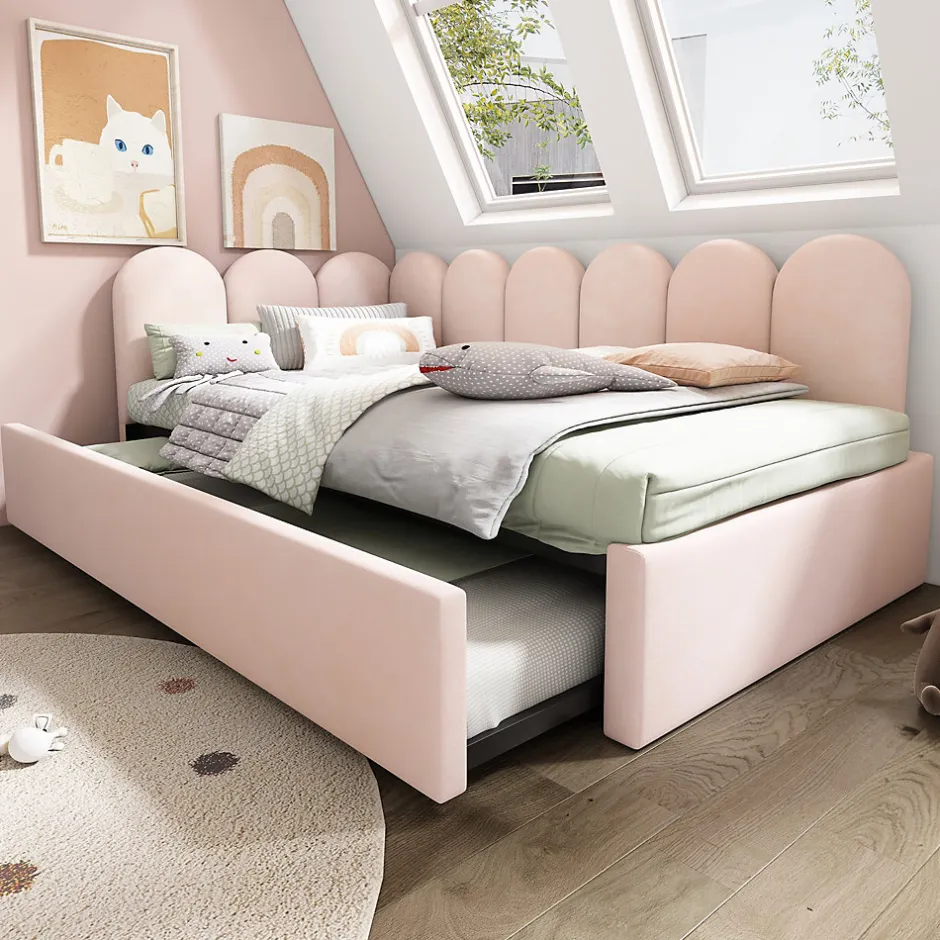 Redom Lit 90x200 cm banquette tapissée velours rose avec lit gigogne 90x190 cm, cadre métal, dossier matelassé