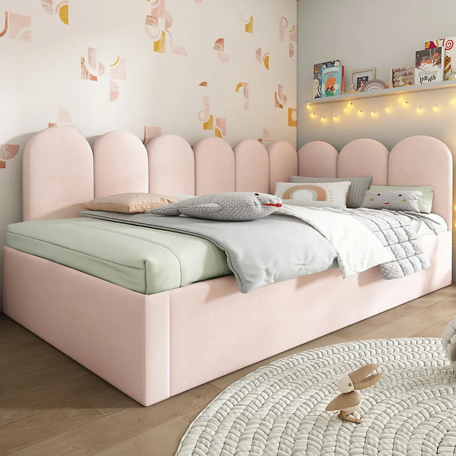 Redom Lit 90x200 cm banquette tapissée velours rose avec lit gigogne 90x190 cm, cadre métal, dossier matelassé