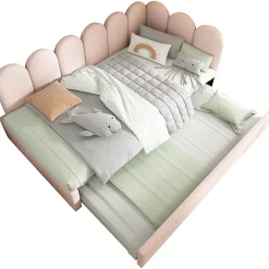 Redom Lit 90x200 cm banquette tapissée velours rose avec lit gigogne 90x190 cm, cadre métal, dossier matelassé