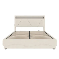 ProximaX Lit 140x200 cm beige avec LED, ports USB-C, rangement sous le lit et tête de lit design Clearance
