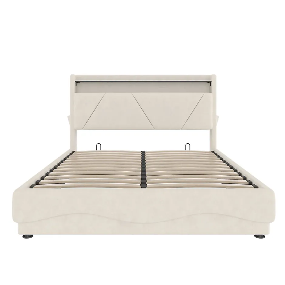 ProximaX Lit 140x200 cm beige avec LED, ports USB-C, rangement sous le lit et tête de lit design Clearance
