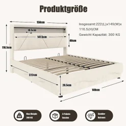 ProximaX Lit 140x200 cm beige avec LED, ports USB-C, rangement sous le lit et tête de lit design Clearance