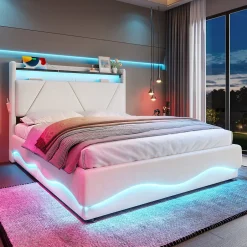 ProximaX Lit 140x200 cm beige avec LED, ports USB-C, rangement sous le lit et tête de lit design Clearance