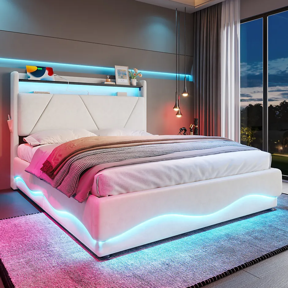 ProximaX Lit 140x200 cm beige avec LED, ports USB-C, rangement sous le lit et tête de lit design Clearance