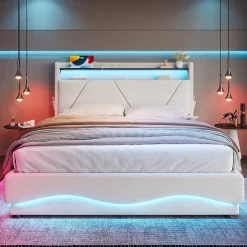 ProximaX Lit 140x200 cm beige avec LED, ports USB-C, rangement sous le lit et tête de lit design Clearance