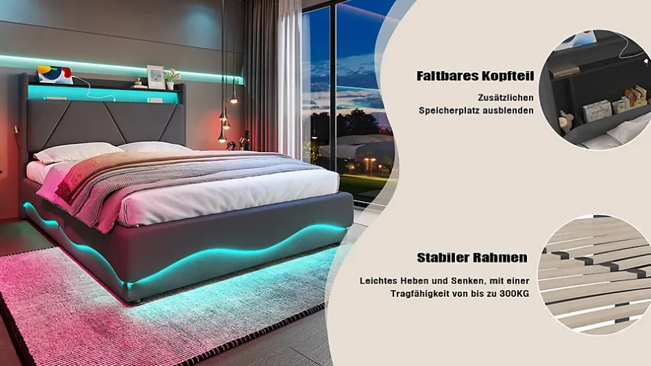 ProximaX Lit 140x200 cm beige avec LED, ports USB-C, rangement sous le lit et tête de lit design Clearance