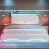 ProximaX Lit 160x200 cm beige avec LED, ports USB-C, rangement sous le lit et tête de lit design Outlet