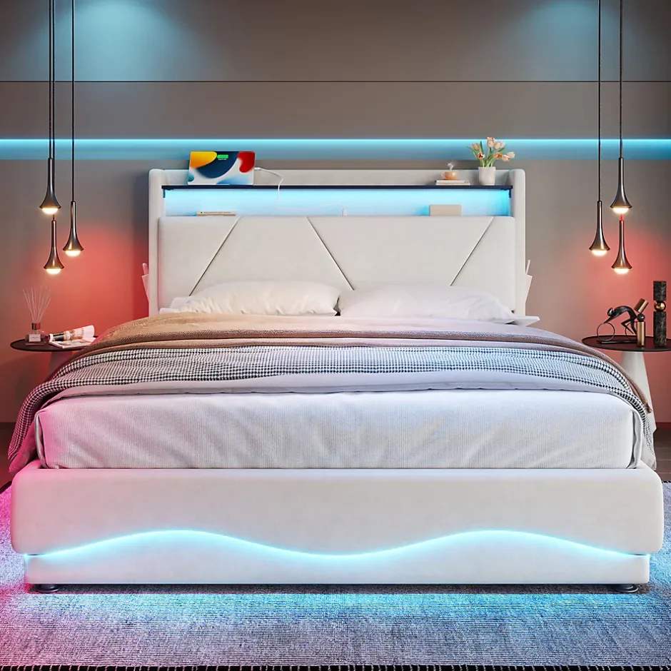 ProximaX Lit 160x200 cm beige avec LED, ports USB-C, rangement sous le lit et tête de lit design Outlet