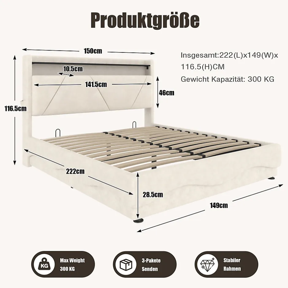 ProximaX Lit 160x200 cm beige avec LED, ports USB-C, rangement sous le lit et tête de lit design Outlet