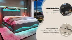 ProximaX Lit 160x200 cm beige avec LED, ports USB-C, rangement sous le lit et tête de lit design Outlet