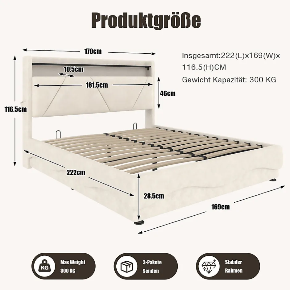 ProximaX Lit 160x200 cm beige avec LED, ports USB-C, rangement sous le lit et tête de lit design Outlet