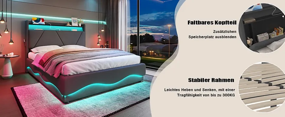 ProximaX Lit 160x200 cm beige avec LED, ports USB-C, rangement sous le lit et tête de lit design Outlet