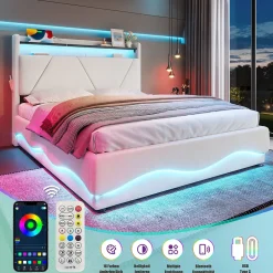 ProximaX Lit 160x200 cm beige avec LED, ports USB-C, rangement sous le lit et tête de lit design Outlet