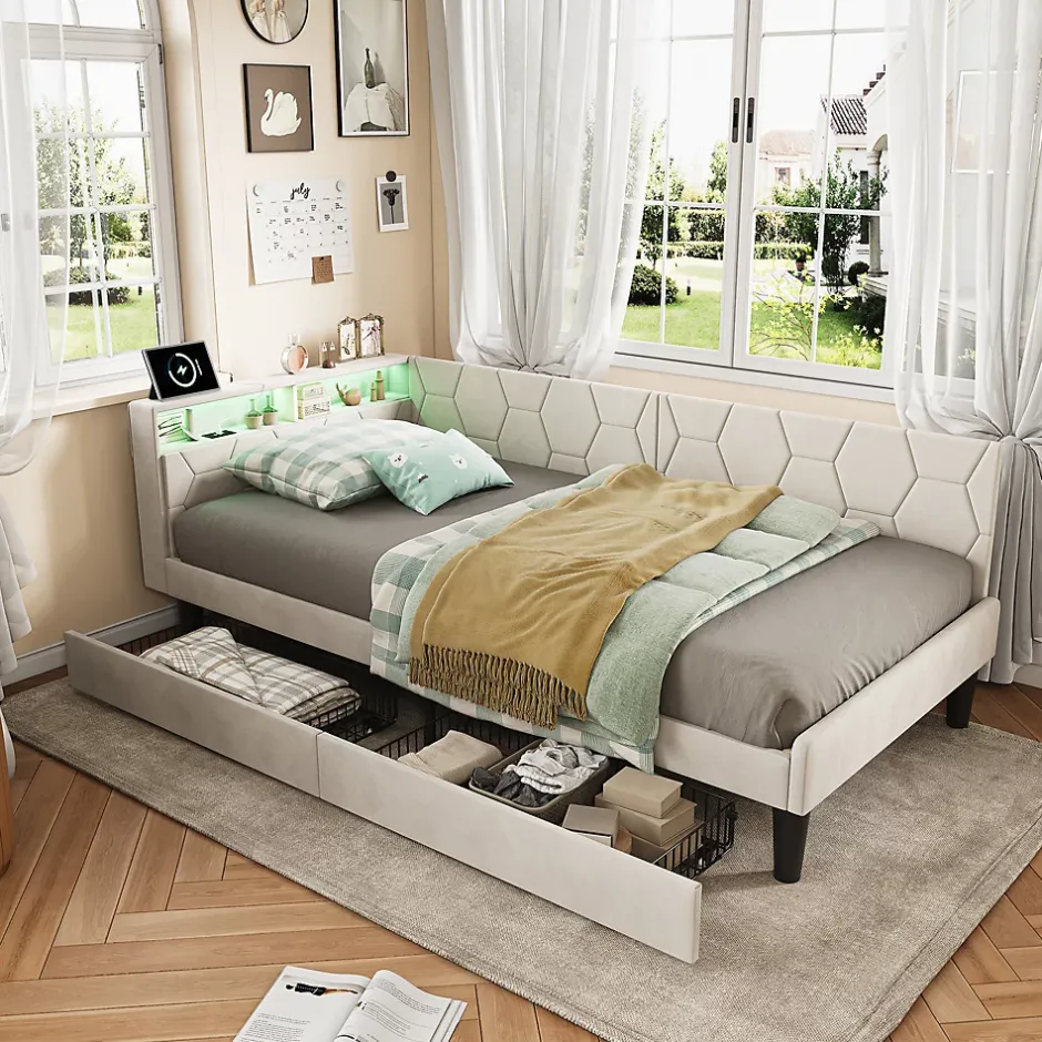 ProximaX Lit 90x200 cm beige en velours avec tiroirs et rangement, tête de lit LED, ports USB/Type-C, convertible en canapé ou lit simple Sale