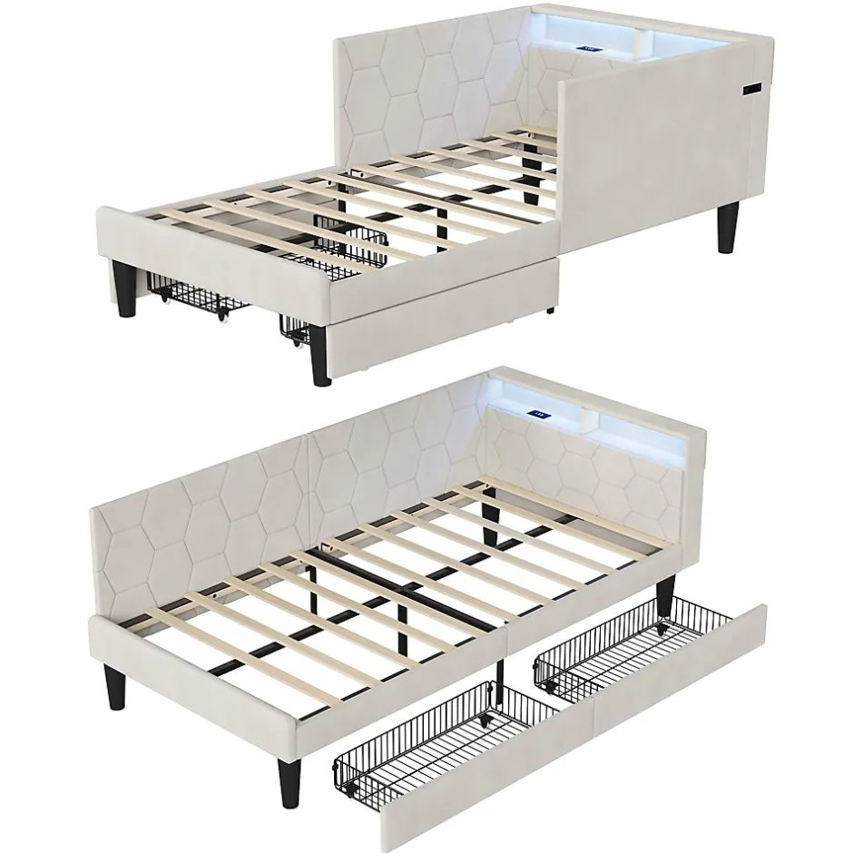 ProximaX Lit 90x200 cm beige en velours avec tiroirs et rangement, tête de lit LED, ports USB/Type-C, convertible en canapé ou lit simple Sale