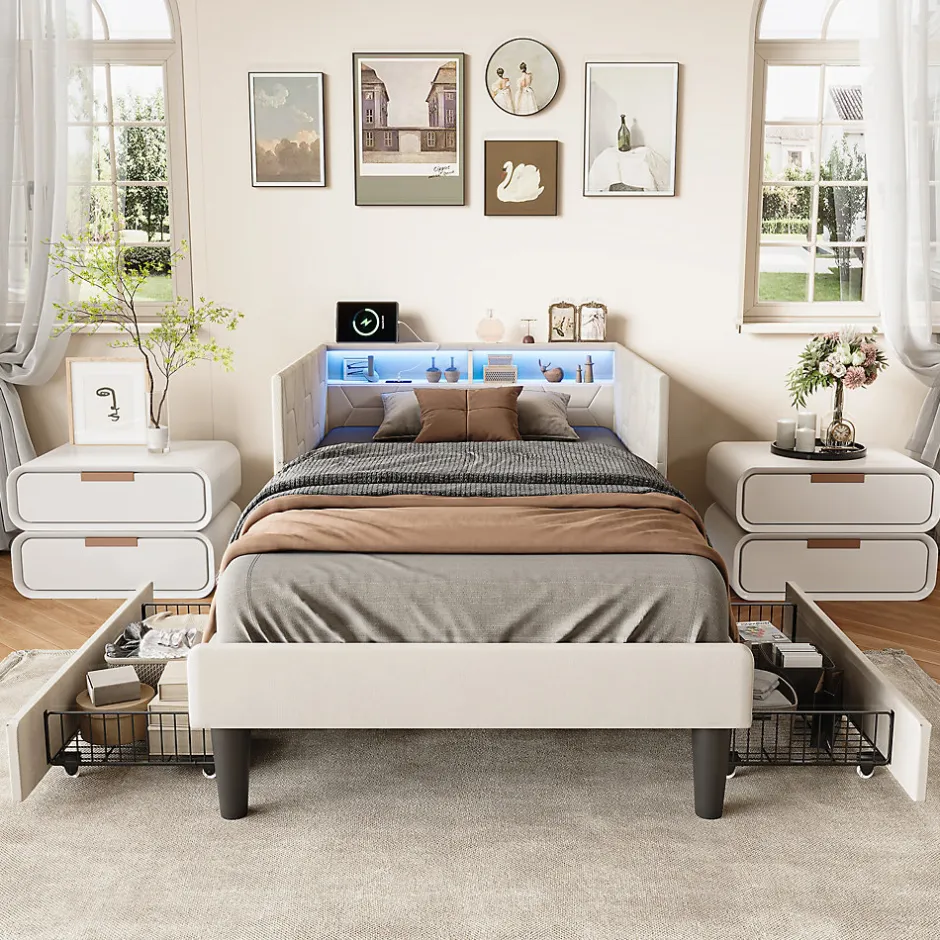 ProximaX Lit 90x200 cm beige en velours avec tiroirs et rangement, tête de lit LED, ports USB/Type-C, convertible en canapé ou lit simple Sale