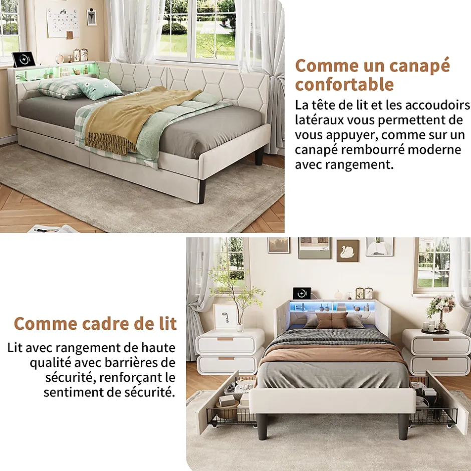 ProximaX Lit 90x200 cm beige en velours avec tiroirs et rangement, tête de lit LED, ports USB/Type-C, convertible en canapé ou lit simple Sale