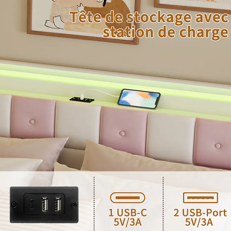 ProximaX Lit 140x190 cm blanc/rose en velours avec 4 tiroirs, LED 7 couleurs, ports USB, confort et rangement, style moderne Hot