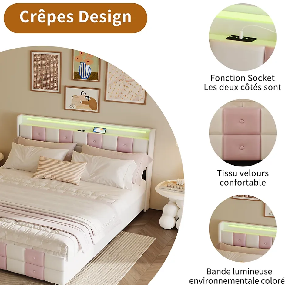 ProximaX Lit 140x190 cm blanc/rose en velours avec 4 tiroirs, LED 7 couleurs, ports USB, confort et rangement, style moderne Hot