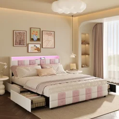 ProximaX Lit 140x190 cm blanc/rose en velours avec 4 tiroirs, LED 7 couleurs, ports USB, confort et rangement, style moderne Hot