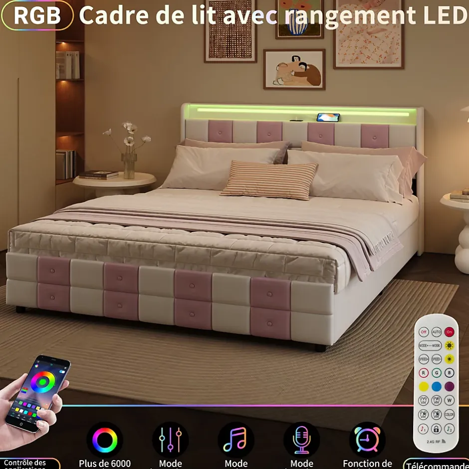 ProximaX Lit 140x190 cm blanc/rose en velours avec 4 tiroirs, LED 7 couleurs, ports USB, confort et rangement, style moderne Hot